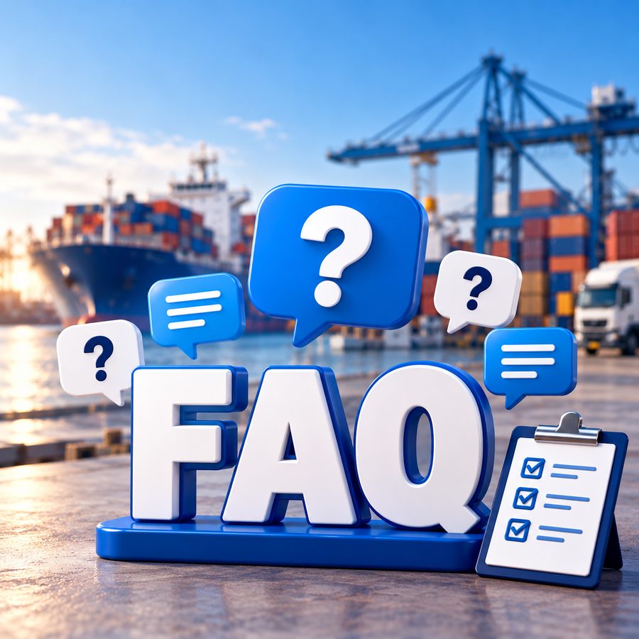 3D FAQ sign with question and answer speech bubbles and a checklist, in front of a cargo ship and port cranes