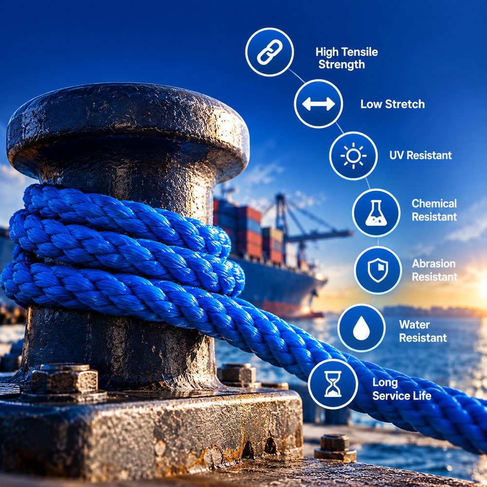Blue Namo Rope wrapped around a steel bollard at a busy port, with icons for high tensile strength, low stretch, UV resistance, chemical resistance, abrasion resistance, water resistance and long service life