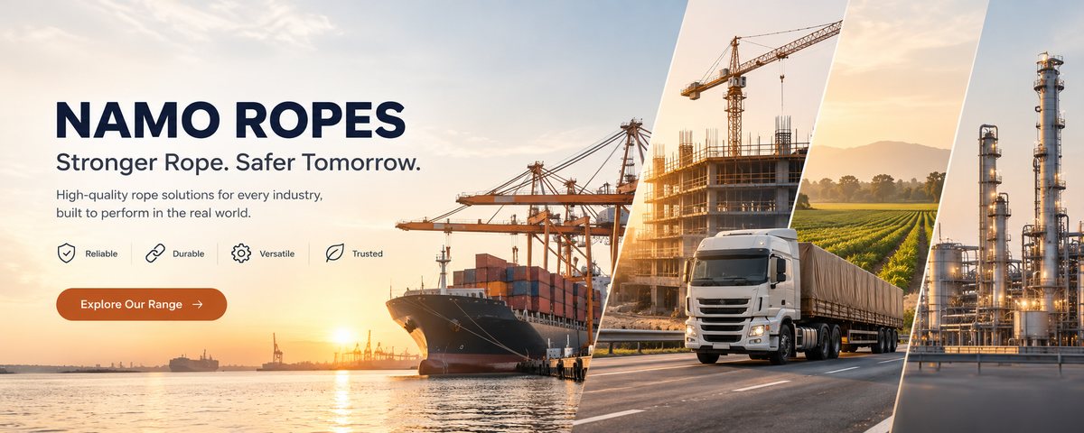Namo Rope: Stronger Rope. Safer Tomorrow. High-quality rope solutions for every industry, built to perform in the real world, with a harbour, construction, transport, farming and refinery scenes.